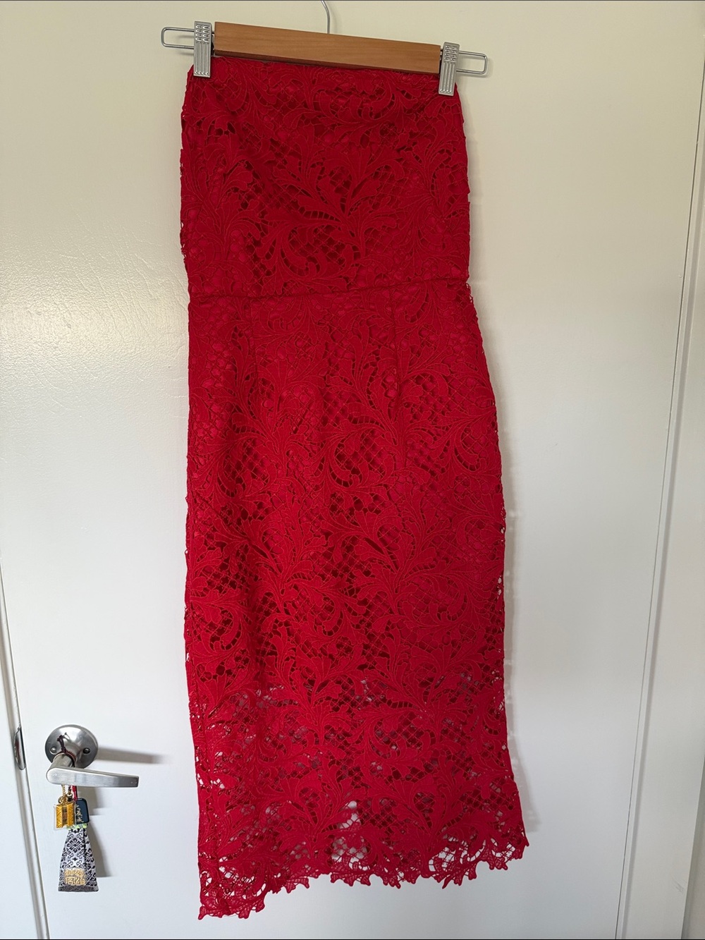 Topshop Red Strapless Lace Midi Dress